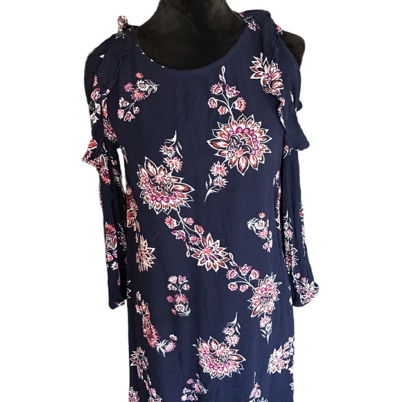 Old Navy Navy Blue Floral Open Shoulder Long Sleeve Dress - Picture 3 of 7